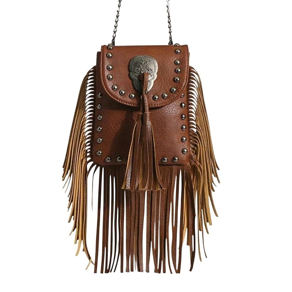Brown Faux Leather Fringe Crossbody Bag Skull Studded Tassel Chain Strap